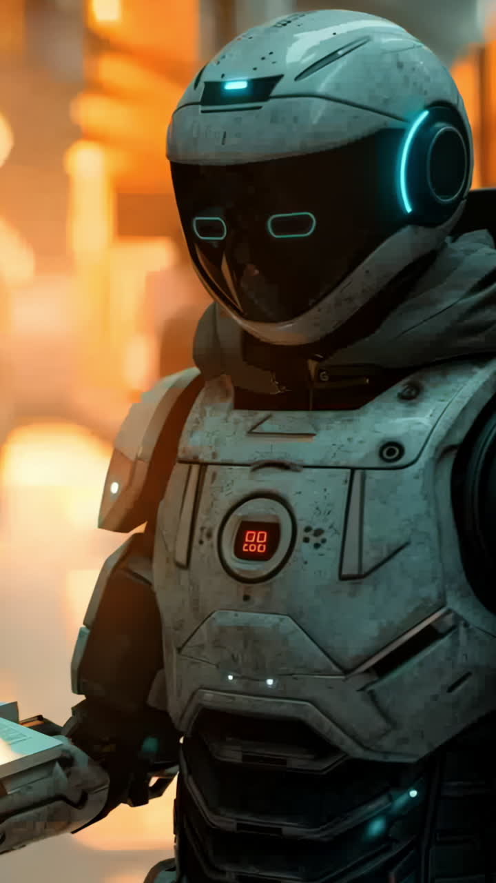 Robot Reading Book in Library During Evening Study Hours. A robot stands among bookshelves, reading a book in a quiet library during evening hours. Vertical video