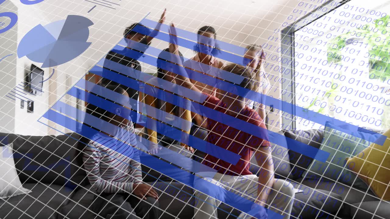 Seated man tapping tablet, friends leaning in as blue data overlay animating to reveal analytics