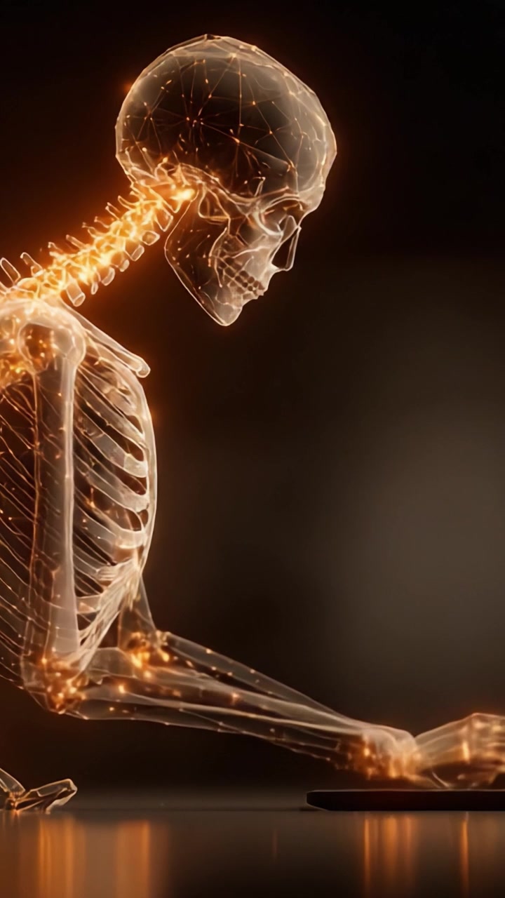 Uno scheletro luminoso impegnato in un'interazione digitale: esplorando l'intersezione tra anatomia e tecnologia in una rappresentazione futuristica