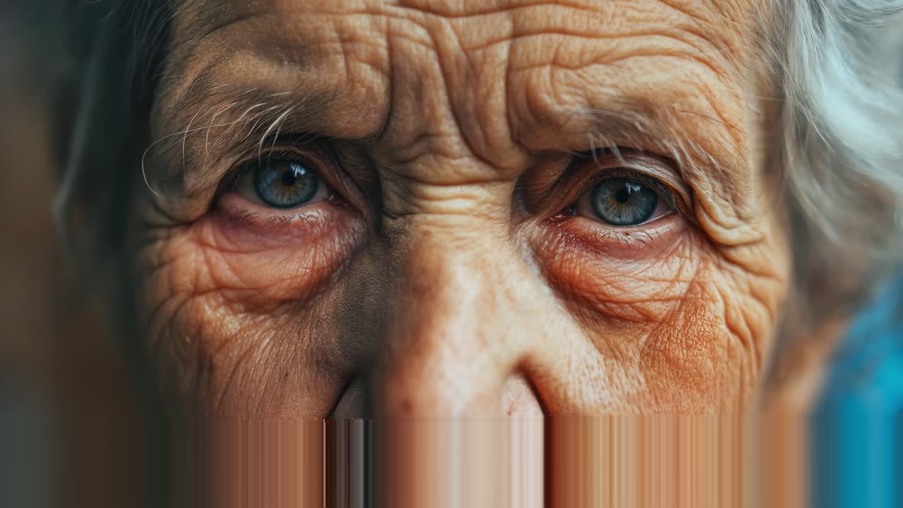 Close up montage of an elderly woman's face, highlighting her wrinkled skin and expressive blue eyes, conveying a sense of age, wisdom, and life experience