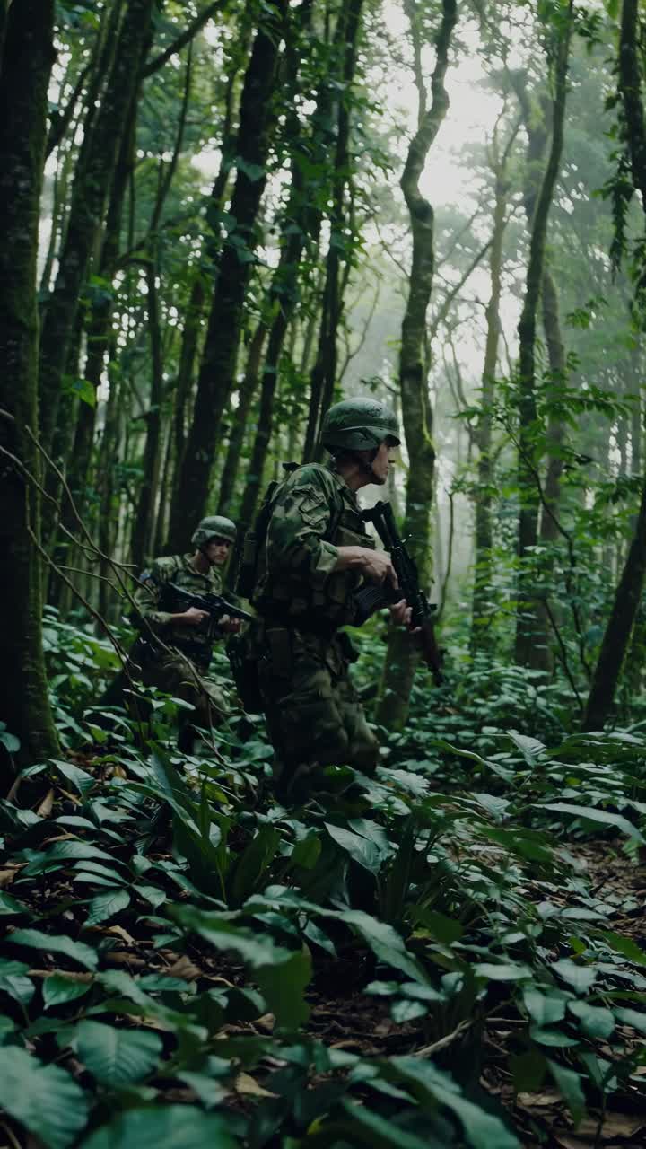 Two soldiers in camouflage gear cautiously move through a dense forest