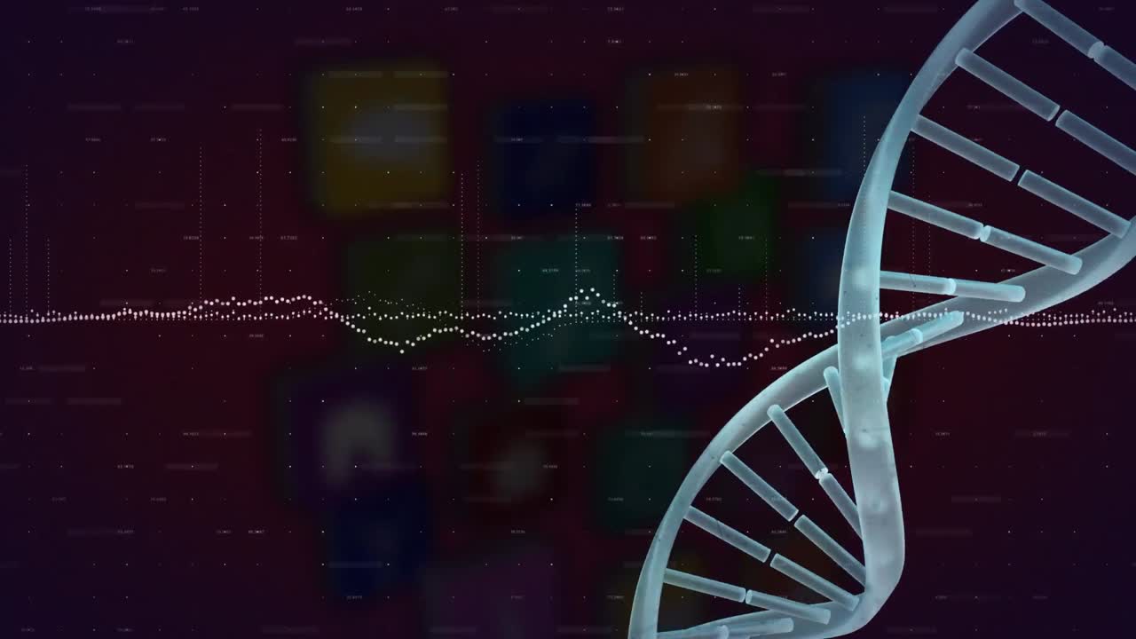 animación del procesamiento de datos y la cadena de adn en fondo negro