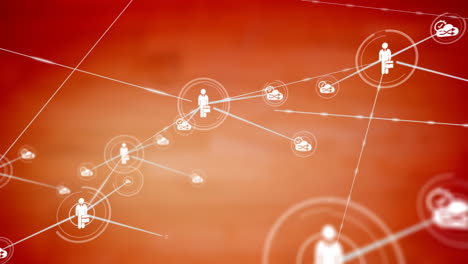 animación de una red de iconos digitales contra un fondo de textura naranja