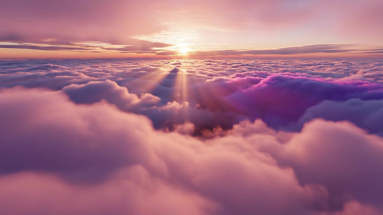 Bellissima vista eterea del tramonto dall'alto delle soffici nuvole viola