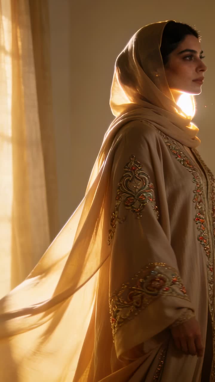 Video verticale: Donna che cammina con hijab e veste decorata con perline che si muove a destra nella stanza, velo illuminato dal controluce del sole