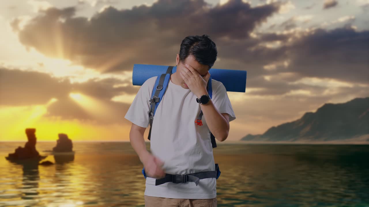Escursionista asiatico con zaino da alpinismo con mal di testa sulla spiaggia