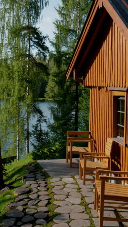lakeside wooden cabin in a forest setting