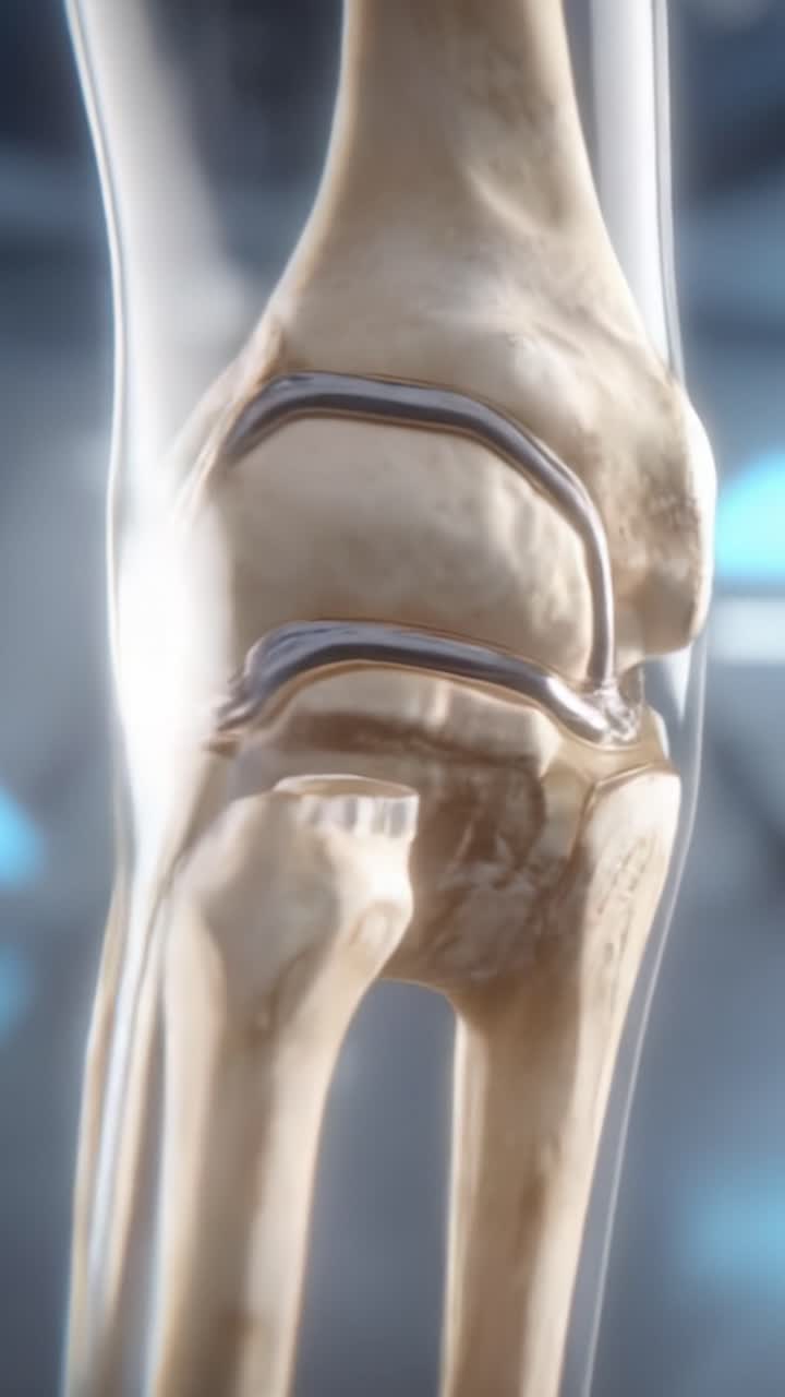 A Detailed Anatomical View of the Human Knee Joint Illustrating Articular Surfaces, Ligaments, and Synovial Fluid Dynamics in a 3D Visualization
