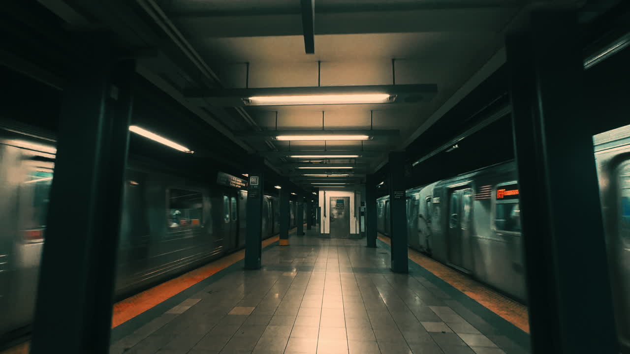 Treni della metropolitana che attraversano una stazione sotterranea vuota
