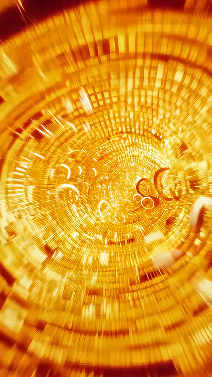 Vertical video: Advancing camera entering glowing grid tunnel, with rings, orbs and light streaks