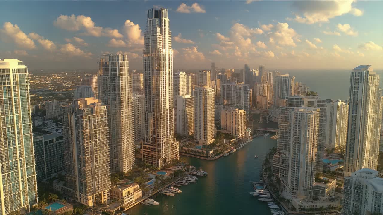 Vista aerea di uno skyline cittadino moderno con grattacieli e un corso d'acqua, che cattura l'architettura urbana dinamica e vivaci formazioni nuvolose al tramonto.