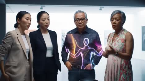 a group of professionals engaged in a high-tech presentation featuring a holographic projection of a human figure, exemplifying innovative technology and collaboration