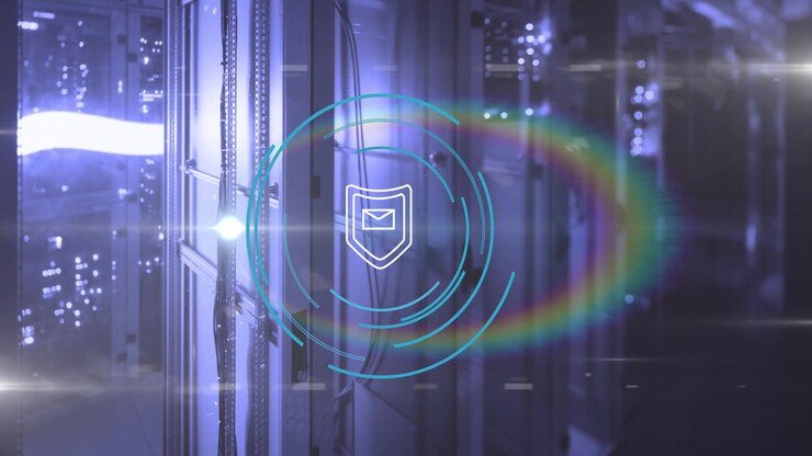 Animation of digital security shield icon in server room with glowing lights