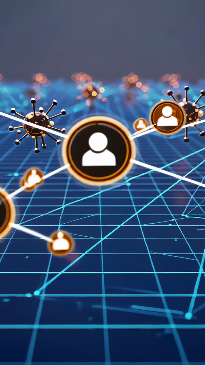 Vertical video: Spawning central user node on blue grid, linking icons and virus spheres for growth