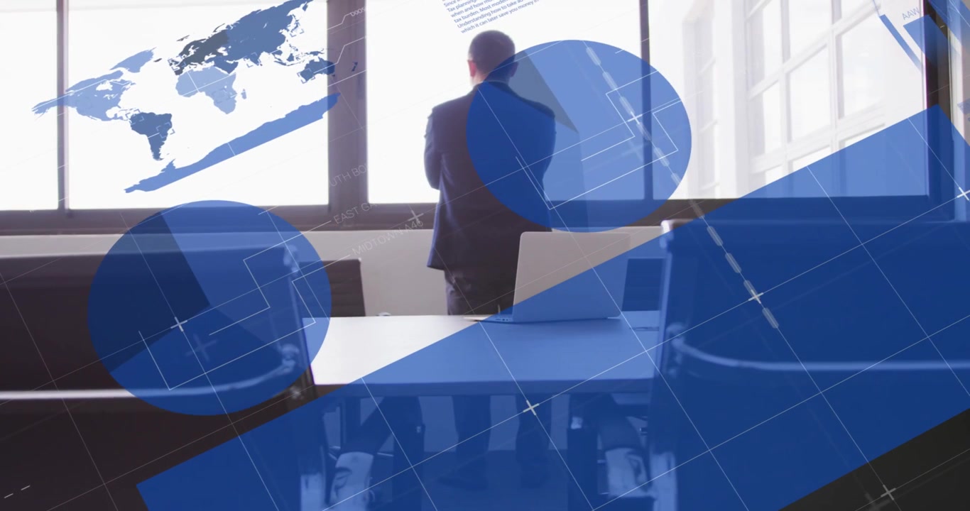 All'inizio, sovrapposizioni di dati blu che appaiono mentre un dirigente cambia posizione e analizza grafici globali.