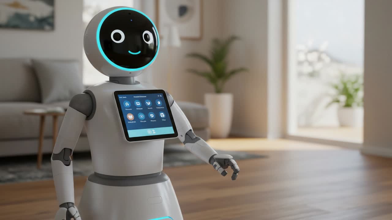 A Friendly Home Assistant Robot Engaging a User with Interactive Features in a Bright and Modern Living Space, Showcasing Advanced Technology and Design Innovation