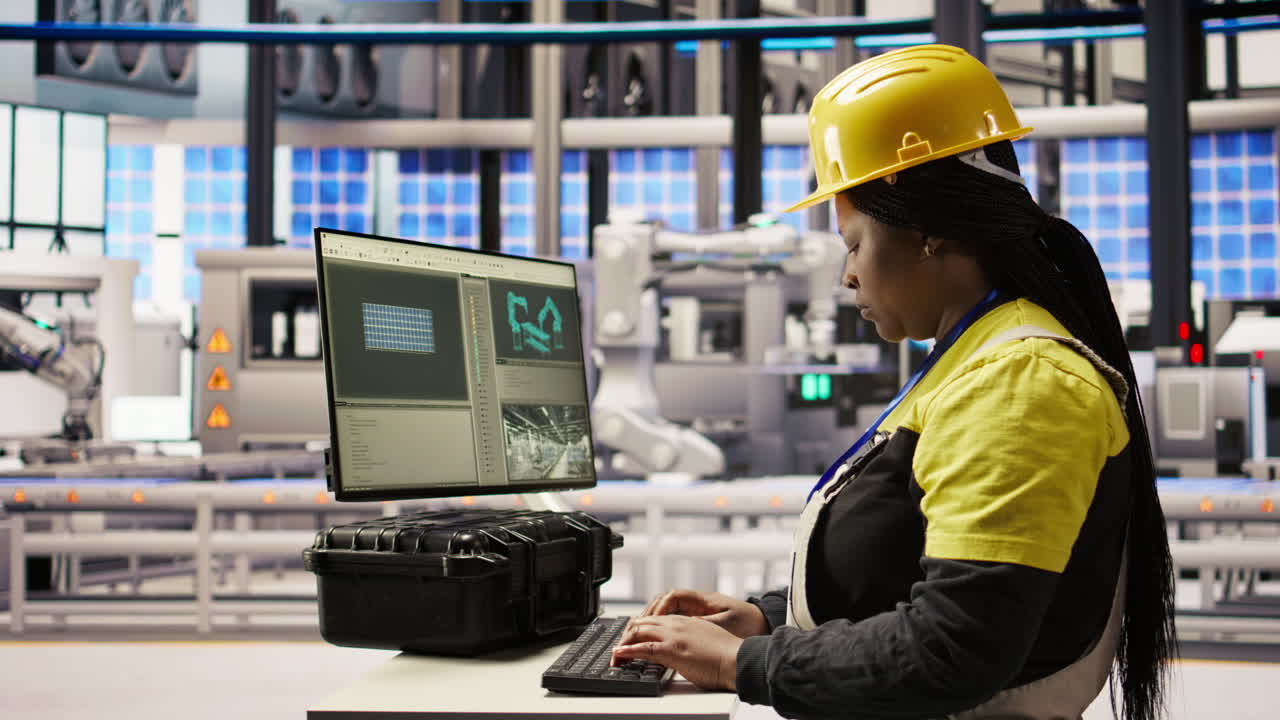 Vertical video Engineer in photovoltaics factory using PC display to look at system metrics