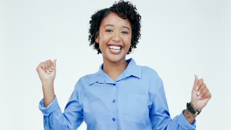 Face,-woman-and-happy-dance-in-studio-for-freedom