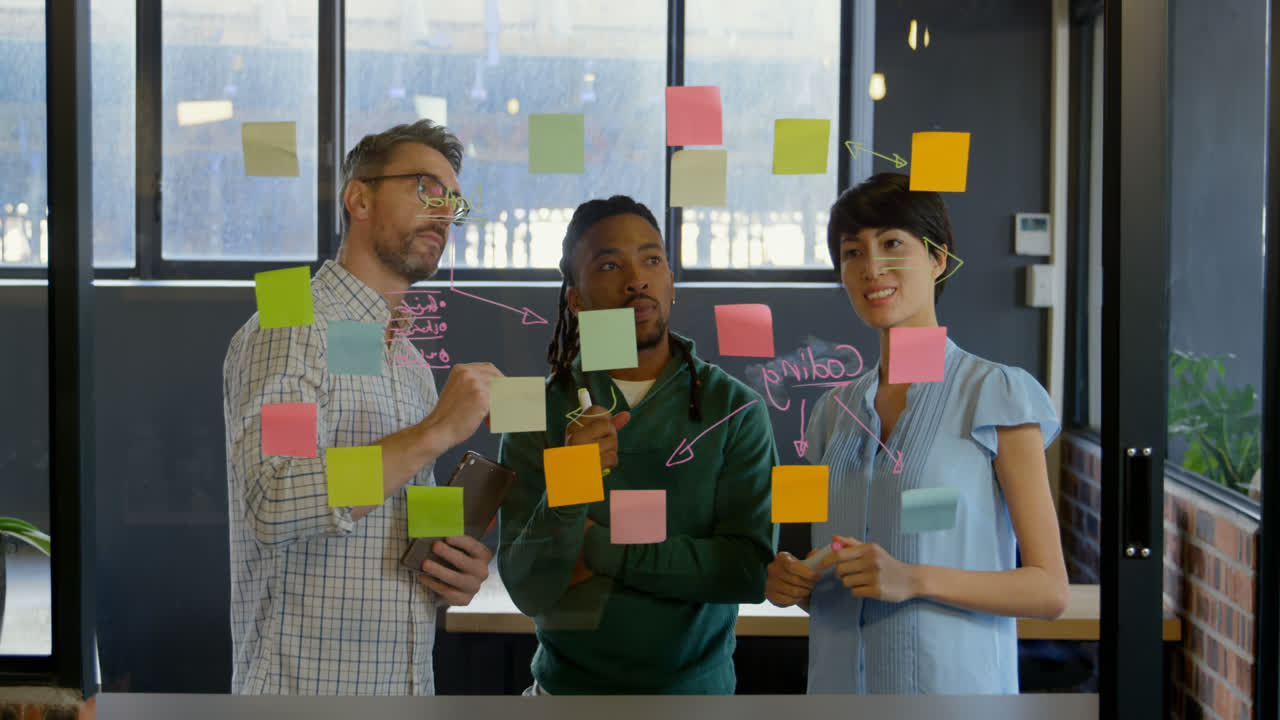Business executives discussing over sticky note in office 4k