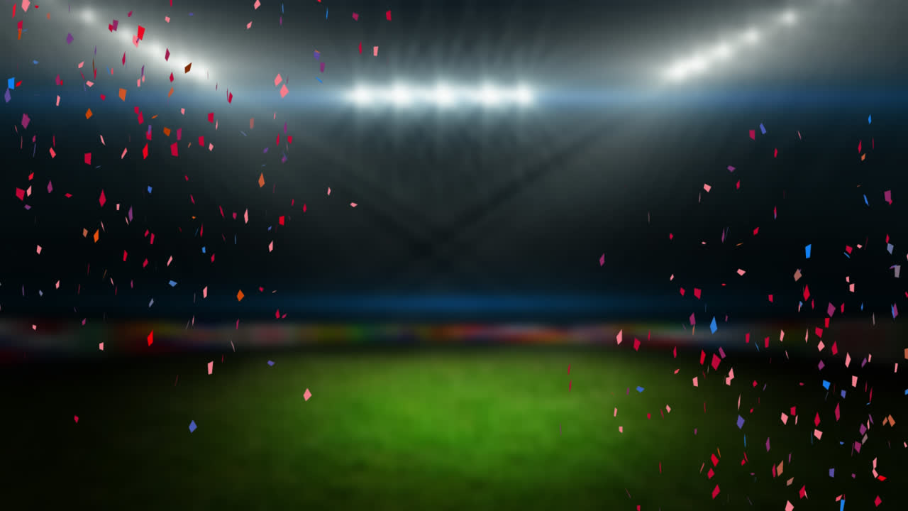 Animation of multi coloured confetti falling over empty sports stadium