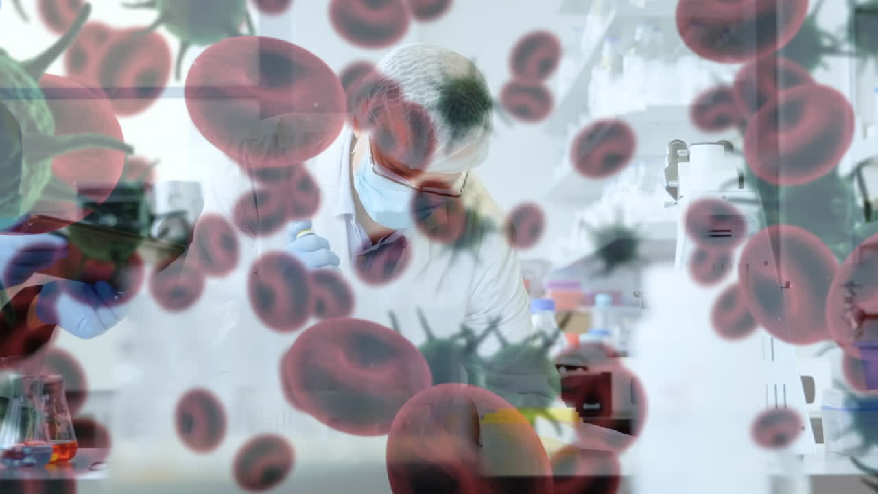 실험실에서 얼굴 마스크를 착용한 사람들에게 코로나바이러스 세포의 애니메이션