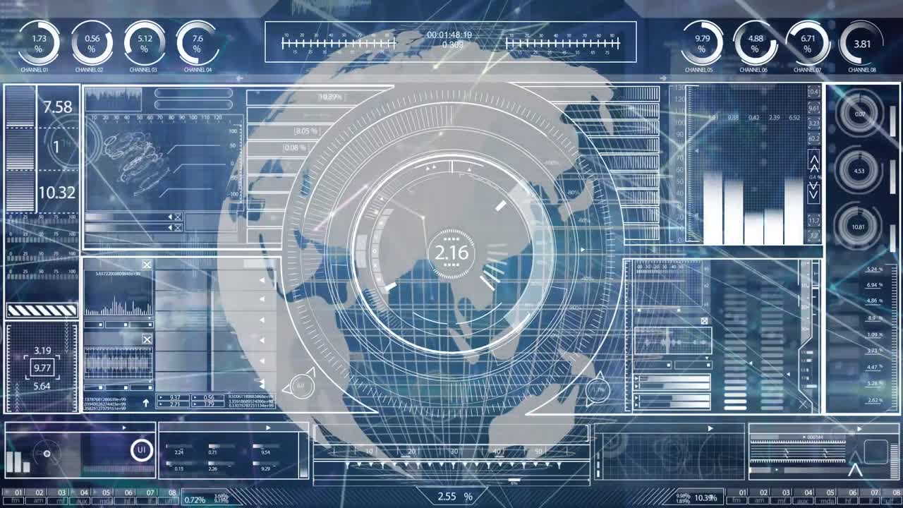 animación del procesamiento de datos y escaneo de alcance sobre globos y formas.