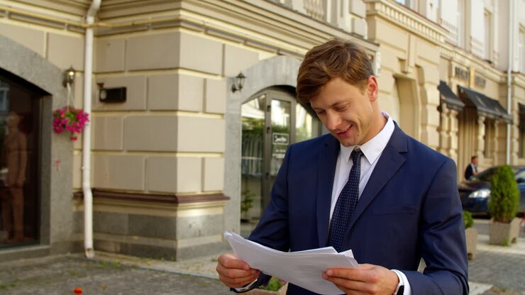 Happy business man reading documents outdoors