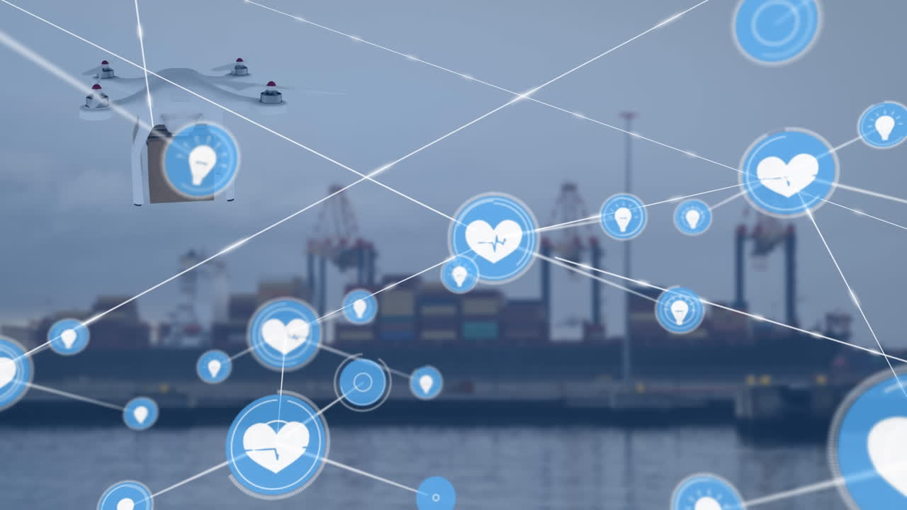 패키지를 운반하는 드론을 통해 아이콘으로 연결된 네트워크의 애니메이션