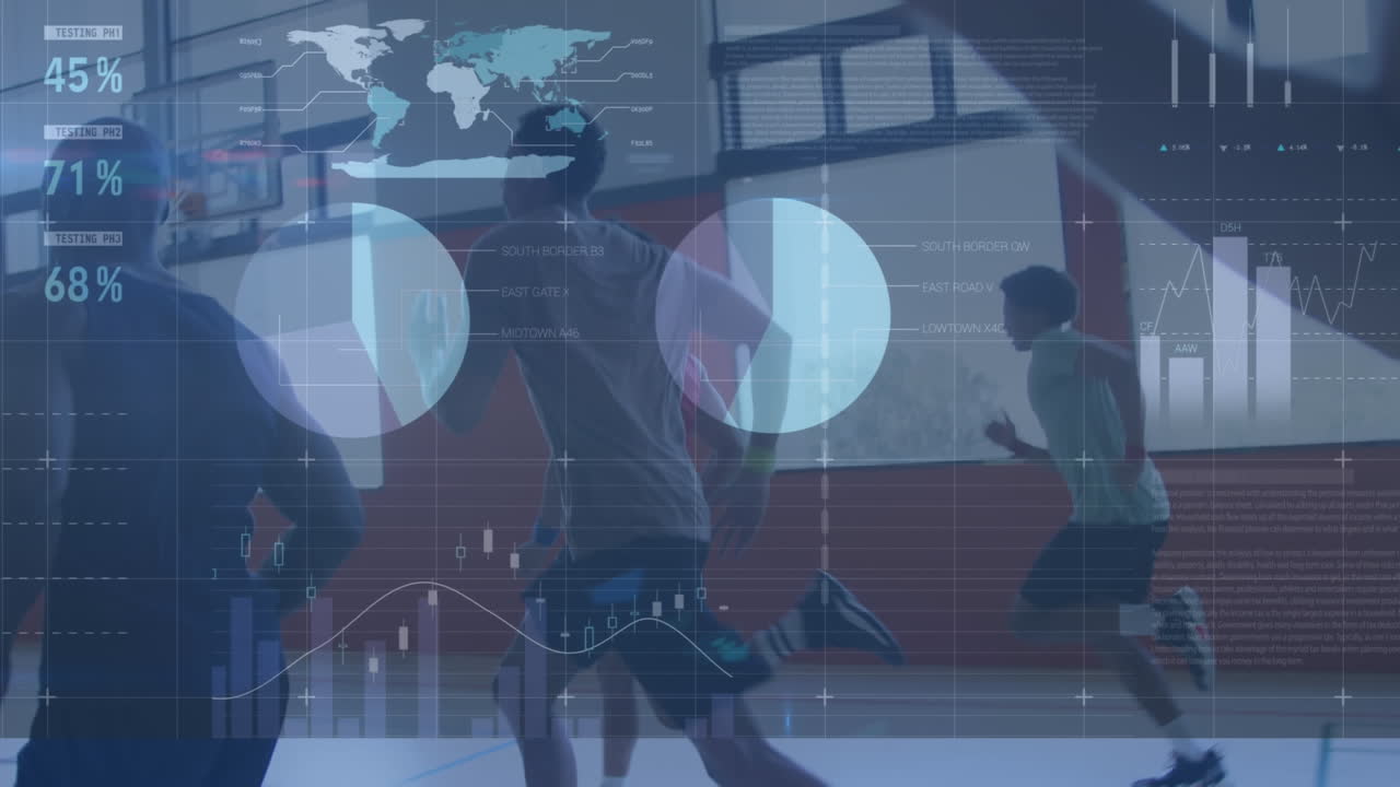 체육관에서 다양한 남성 농구 선수에 대한 금융 데이터 처리 애니메이션