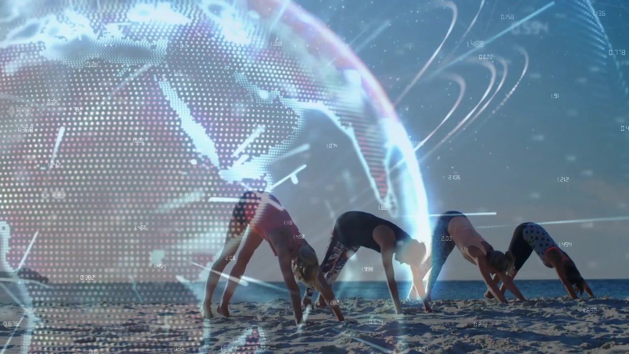 Grid globe overlay appearing on beach driving women holding synchronized downward dog for fitness