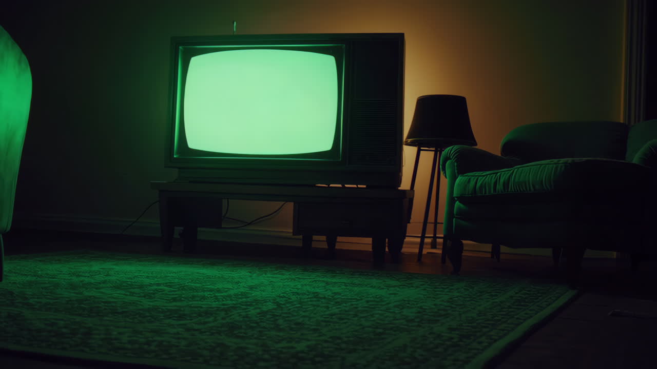 Retro Green Screen TV in a Dark Living Room