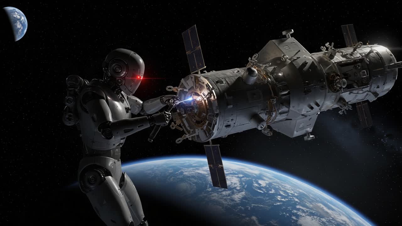 A robotic figure engages in space repair work on a futuristic spacecraft, showcasing advanced technology against the backdrop of Earth and the universe's vastness