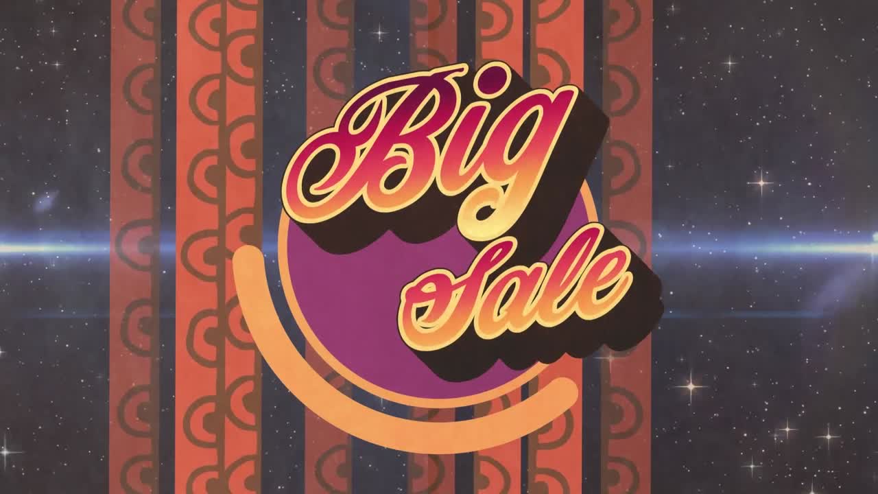 장식적인 줄무와 불빛으로 검은 바탕에 큰 판매의 애니메이션.