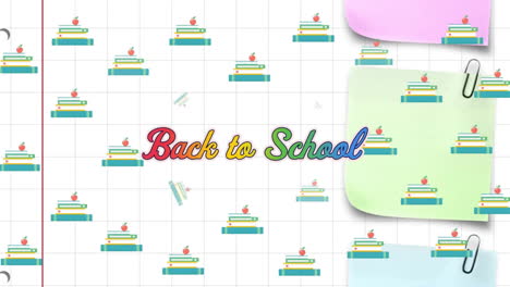 animation of back to school text, schoolbooks and pencils over memo notes on squared notebook