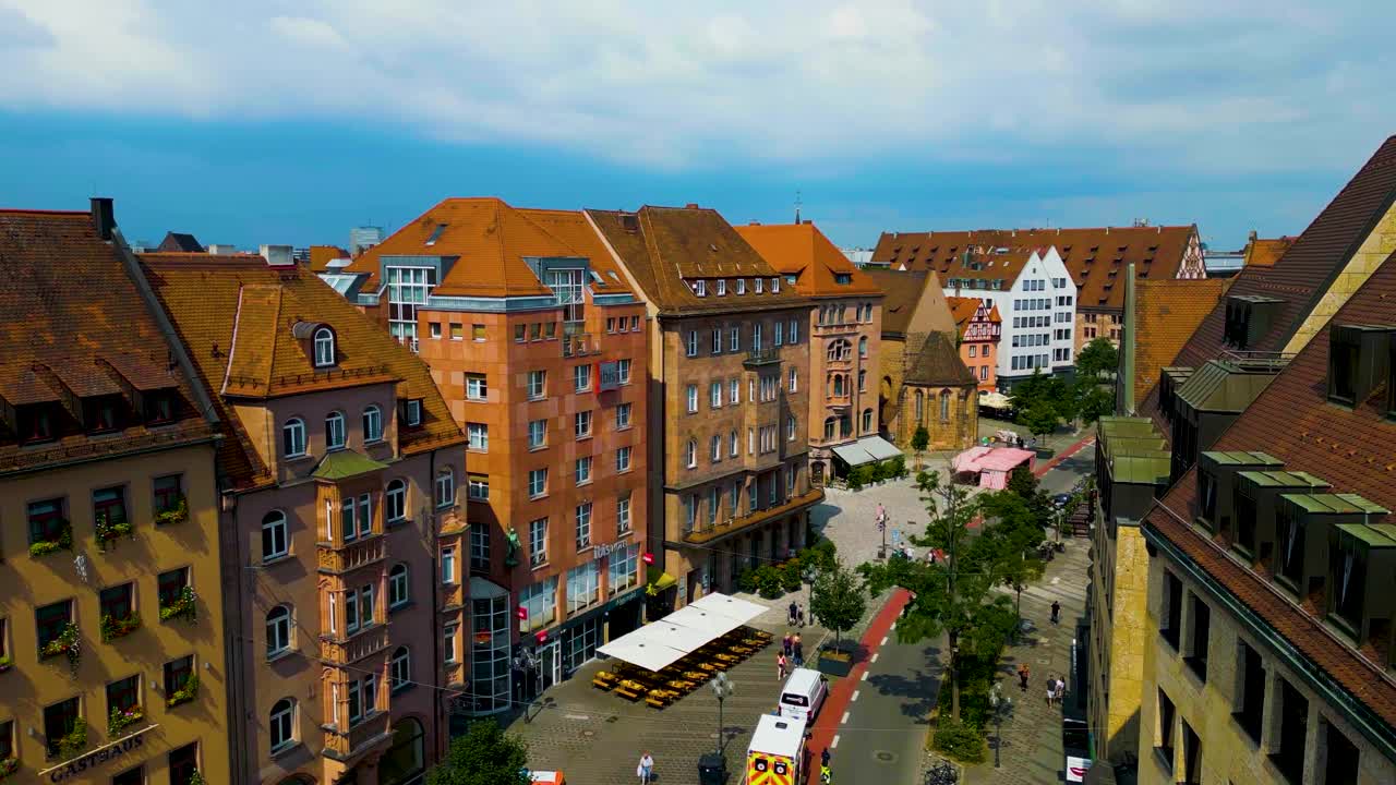 4K Aerial Drone Video of the Neighborhood Behind the Ancient Women's Gate Tower in Downtown Nurnberg, Germany