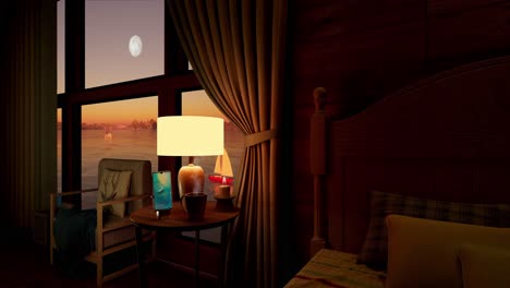 Animation-Einer-Luxuriösen-Schlafzimmereinrichtung-Mit-Atemberaubender-Aussicht-Aus-Dem-Fenster,-3D-Darstellung-Eines-Umgebungsraums
