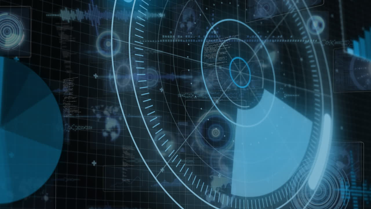 animación de la interfaz con escáner redondo y procesamiento de datos contra un fondo negro