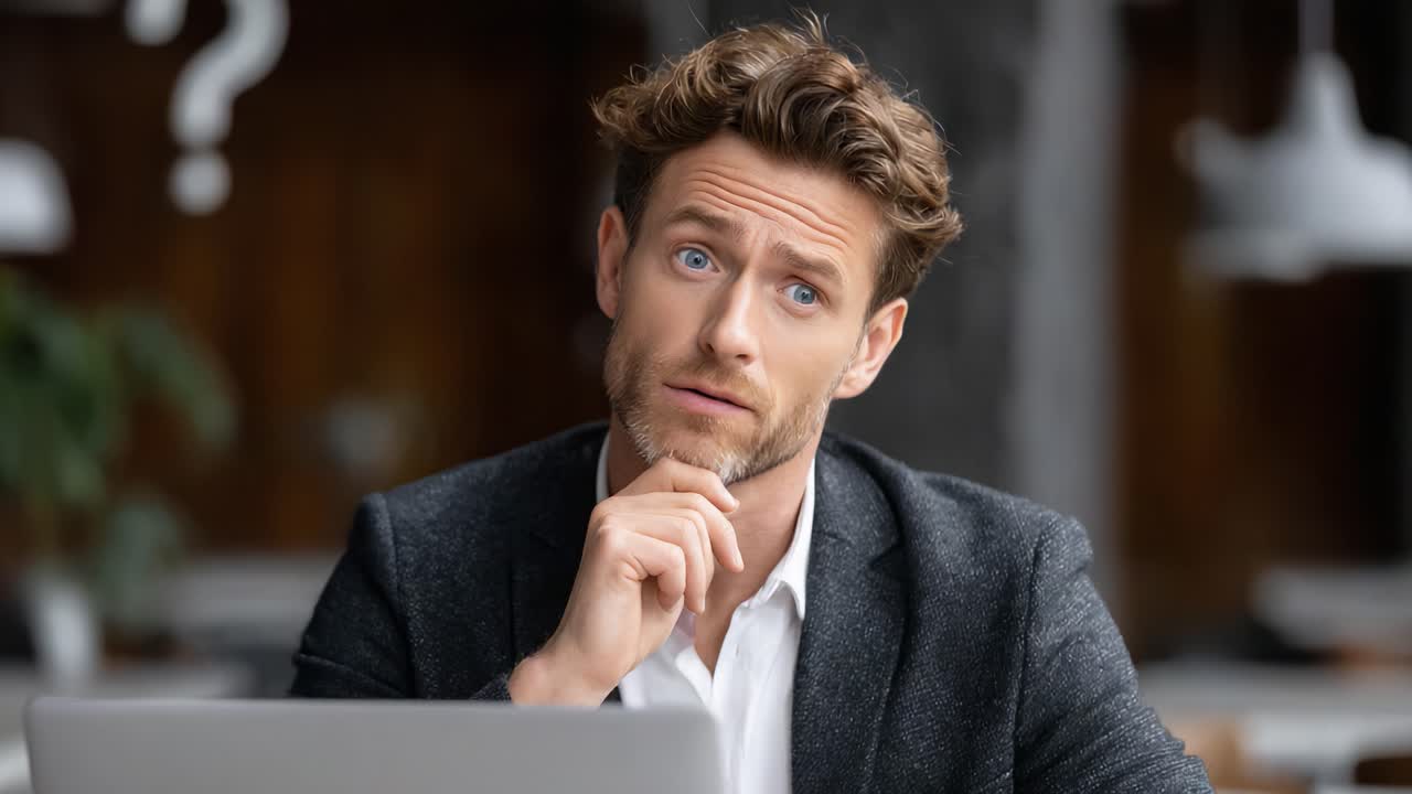 Contemplative Man in Business Attire Deep in Thought While Working at a Laptop in an Office Setting, Representing Decision-Making and Pondering Ideas