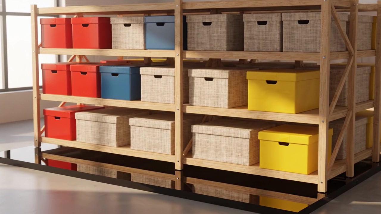 Solución de almacenamiento organizada con contenedores coloridos en estanterías de madera, mostrando un diseño interior moderno con un uso eficiente del espacio y atractivo estético.