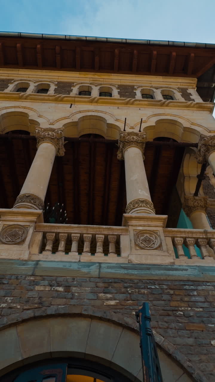 View of the mansion exterior with columns. Low angle view on the building fasade with Romanian flag. Vertical video