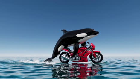 orca riding a motorcycle on the ocean