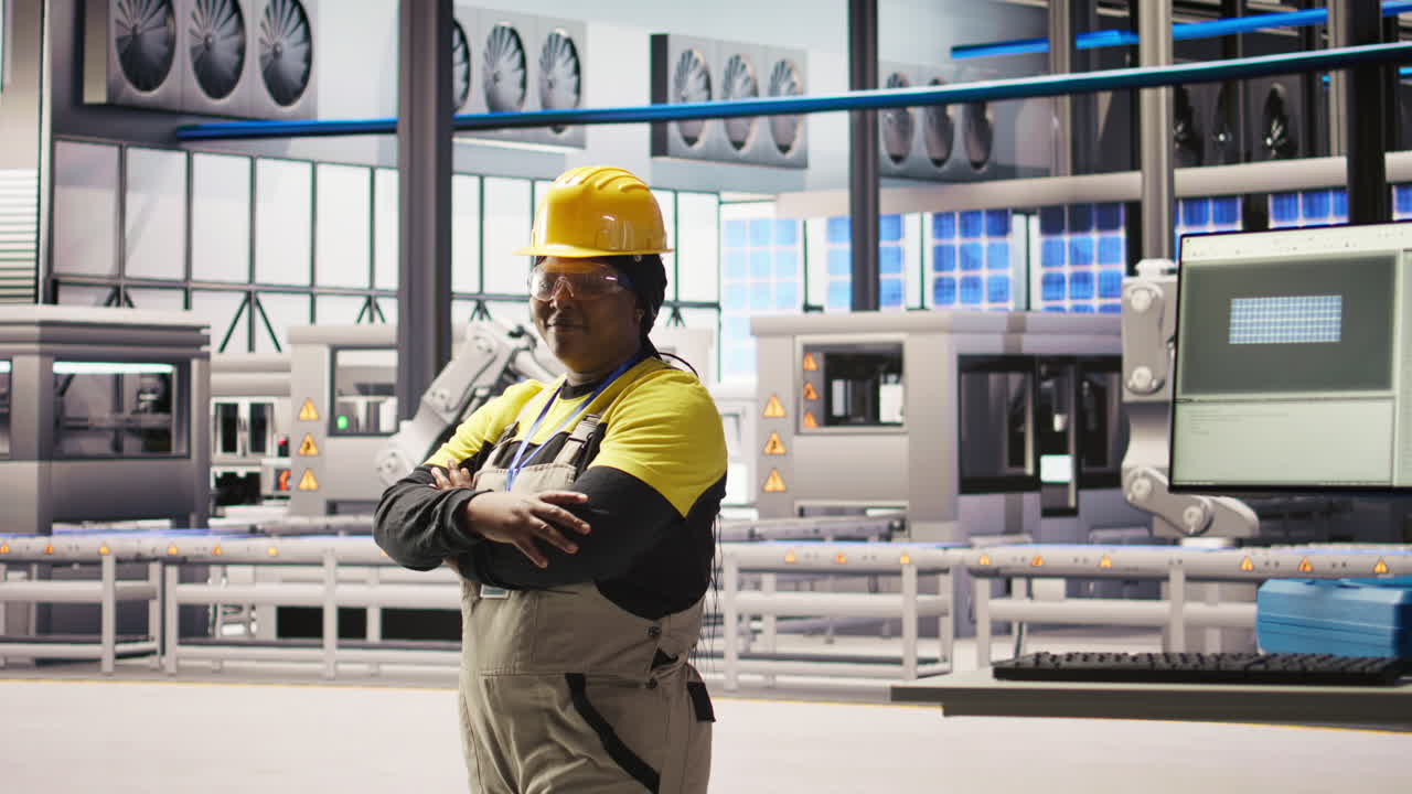 Vertical video Woman conducts routine inspections in industry 4.0 solar panels plant