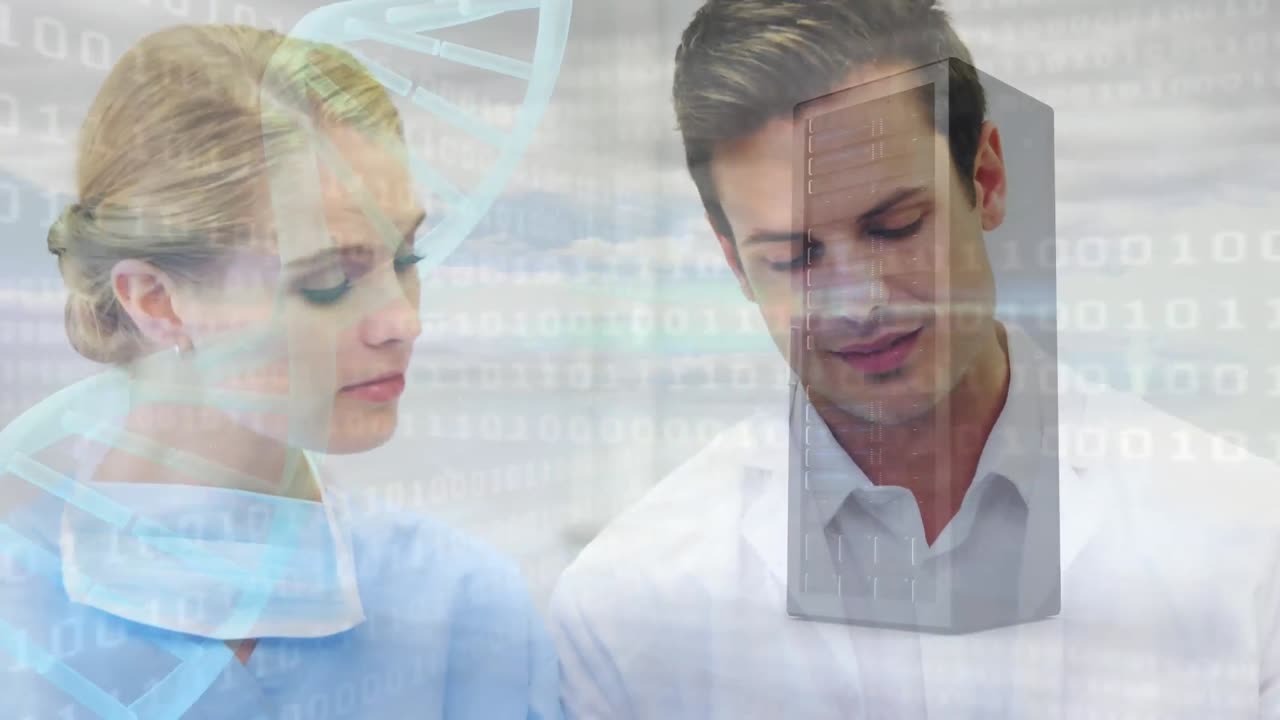 анимация вращения нити днк и обработки двоичного кодирования над кавказским мужчиной и женщиной доктора