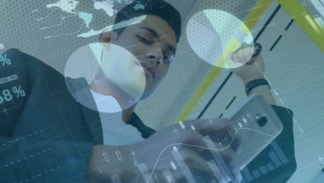animación de estadísticas y procesamiento de datos financieros sobre el hombre utilizando teléfonos inteligentes