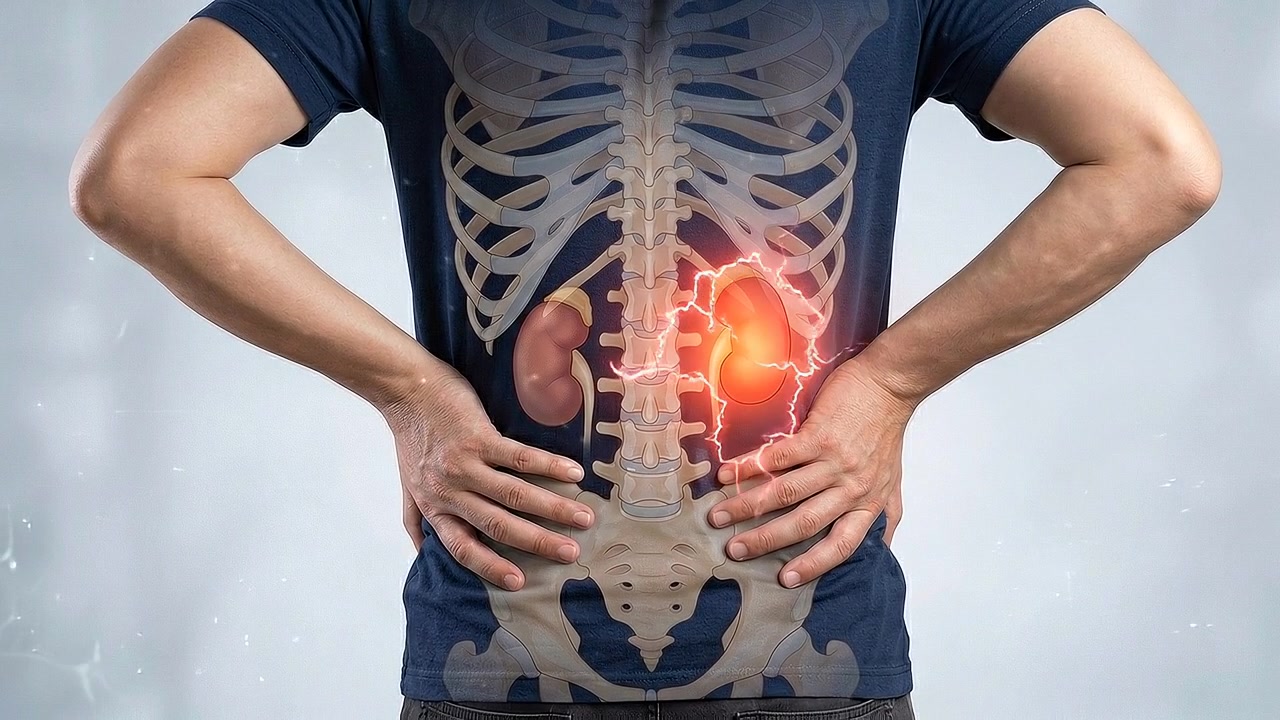 Man holding glowing lower back with transparent rib cage overlay in medical view