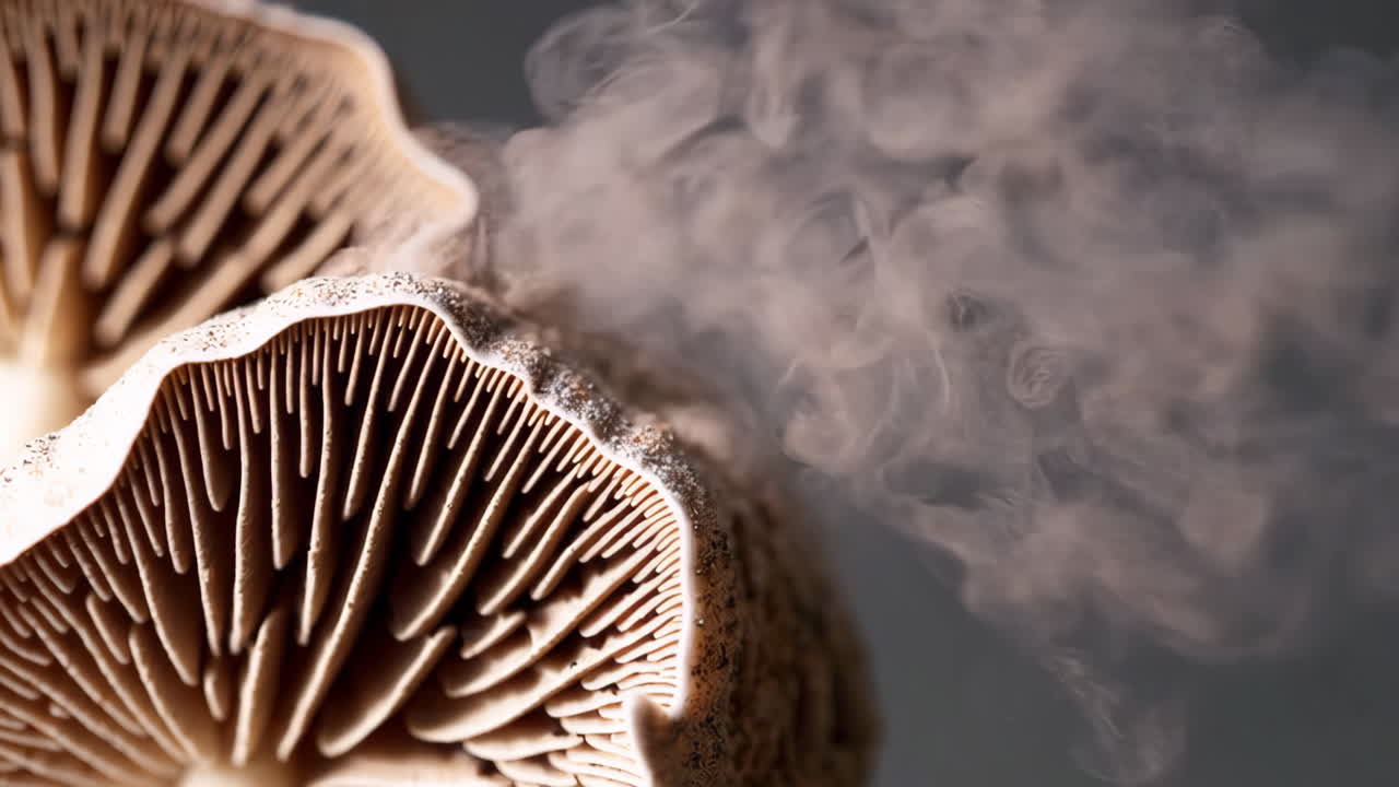 Close-up of Mushroom Gills Releasing Spores