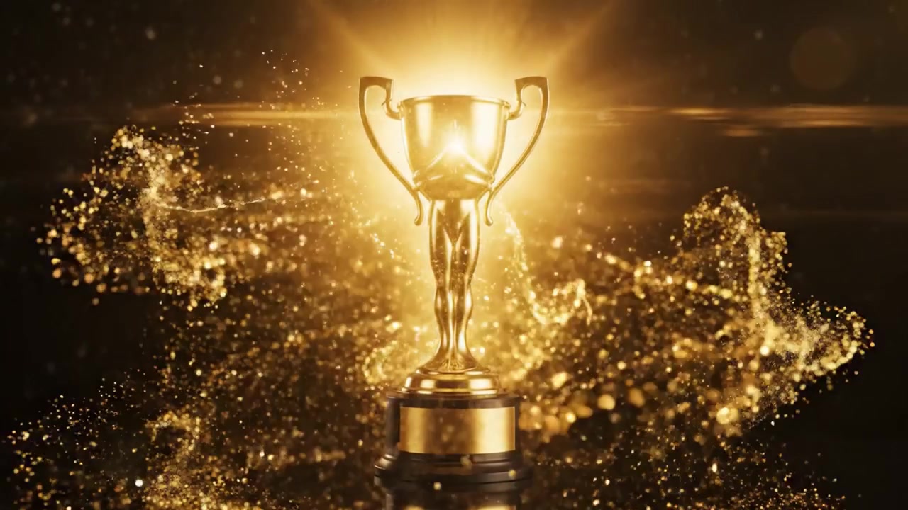 A Stunning Golden Trophy Shines Brighter Than Ever, Surrounded by Sparkling Particles in an Elegant Display of Achievement and Celebration.