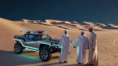 men in traditional attire with futuristic off-road vehicle in desert
