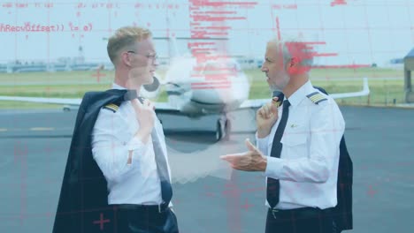 abstract shape and data processing over caucasian two pilots talking while walking on airport runway