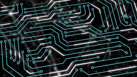 digital animation of microprocessor connections and network of connections against black background